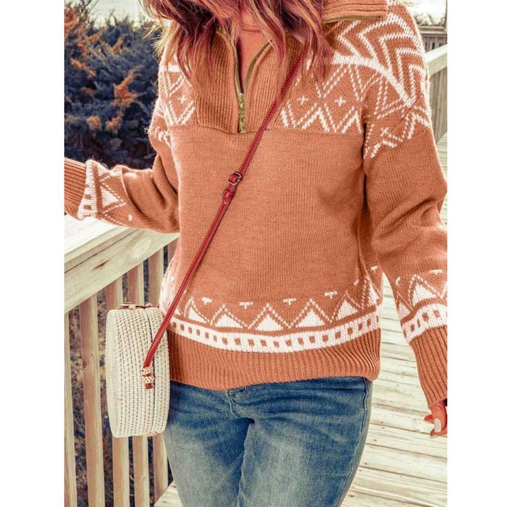 Geo Pattern Half Zip Sweater Top - Picture 5 of 7